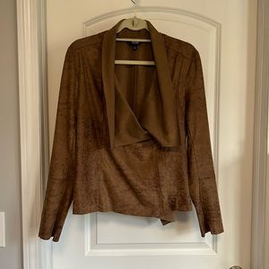 Faux suede/leather look. Fitted jacket with offset front zipper. Size L.